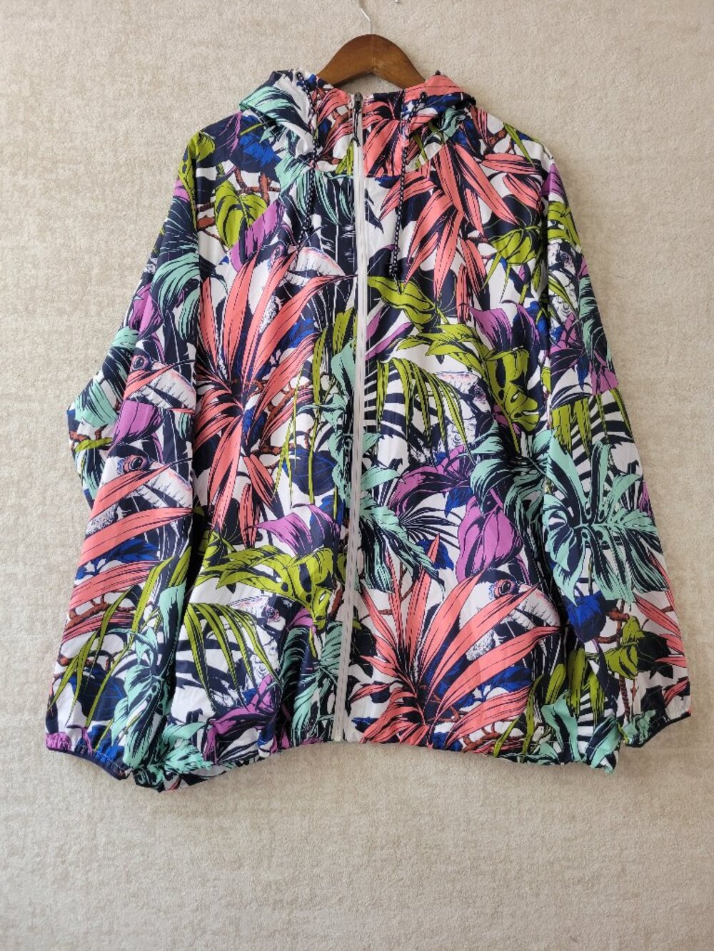 Columbia Side Hill Tropical Toucan Printed Windbreaker 3X Womens Pink Multi Hood